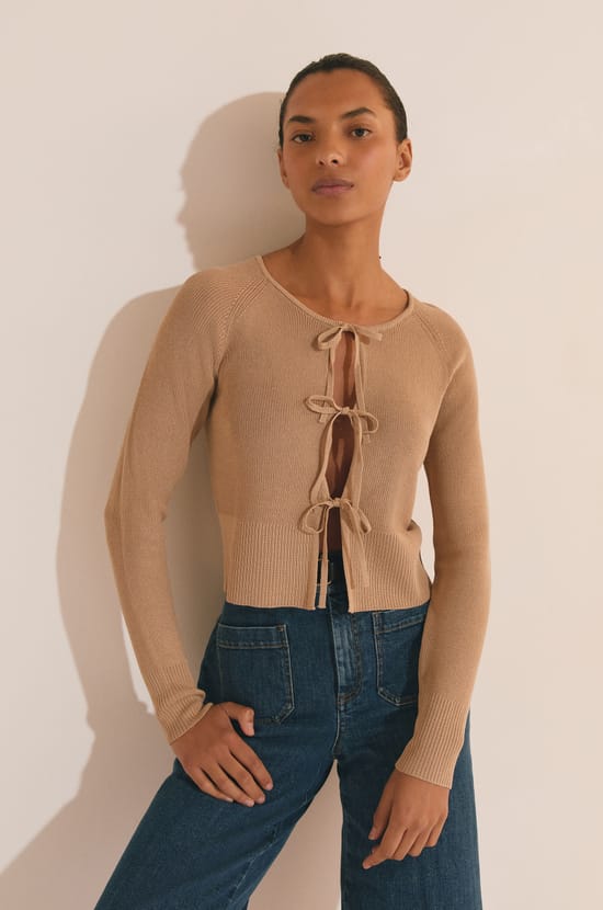 Long Sleeve Cardigan With Bow Details;${refinementColor}