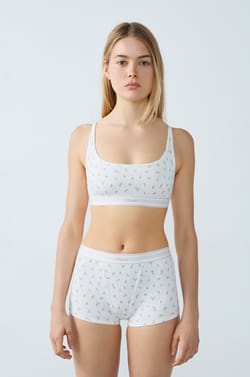 Cotton ribbed bralette with floral pattern;${refinementColor}