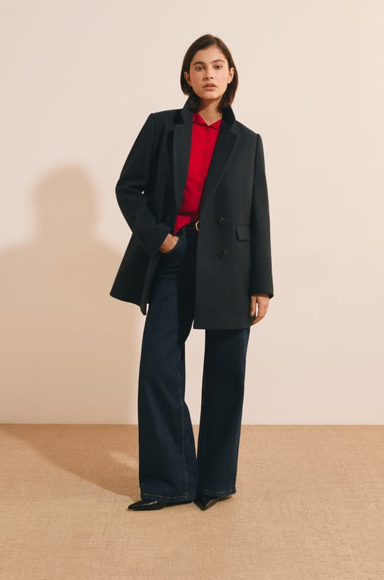 Manteau mi-long crois&eacute; avec laine;${refinementColor}