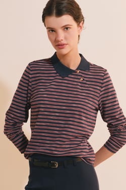 T-shirt &agrave; rayures col polo avec coton;${refinementColor}