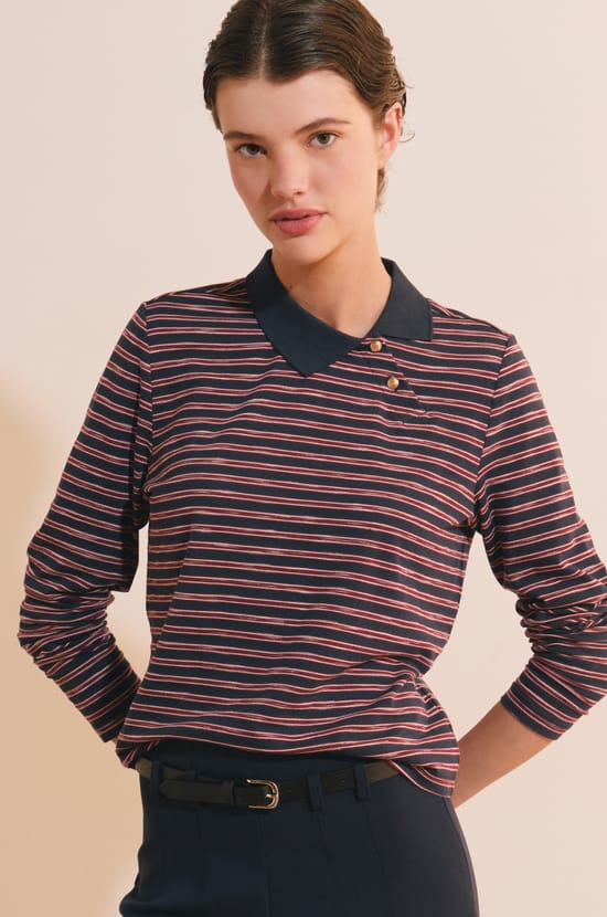 T-shirt &agrave; rayures col polo avec coton;${refinementColor}