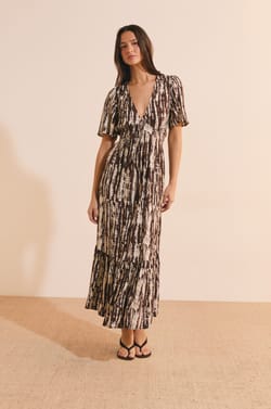 Robe longue col V &agrave; motifs;${refinementColor}