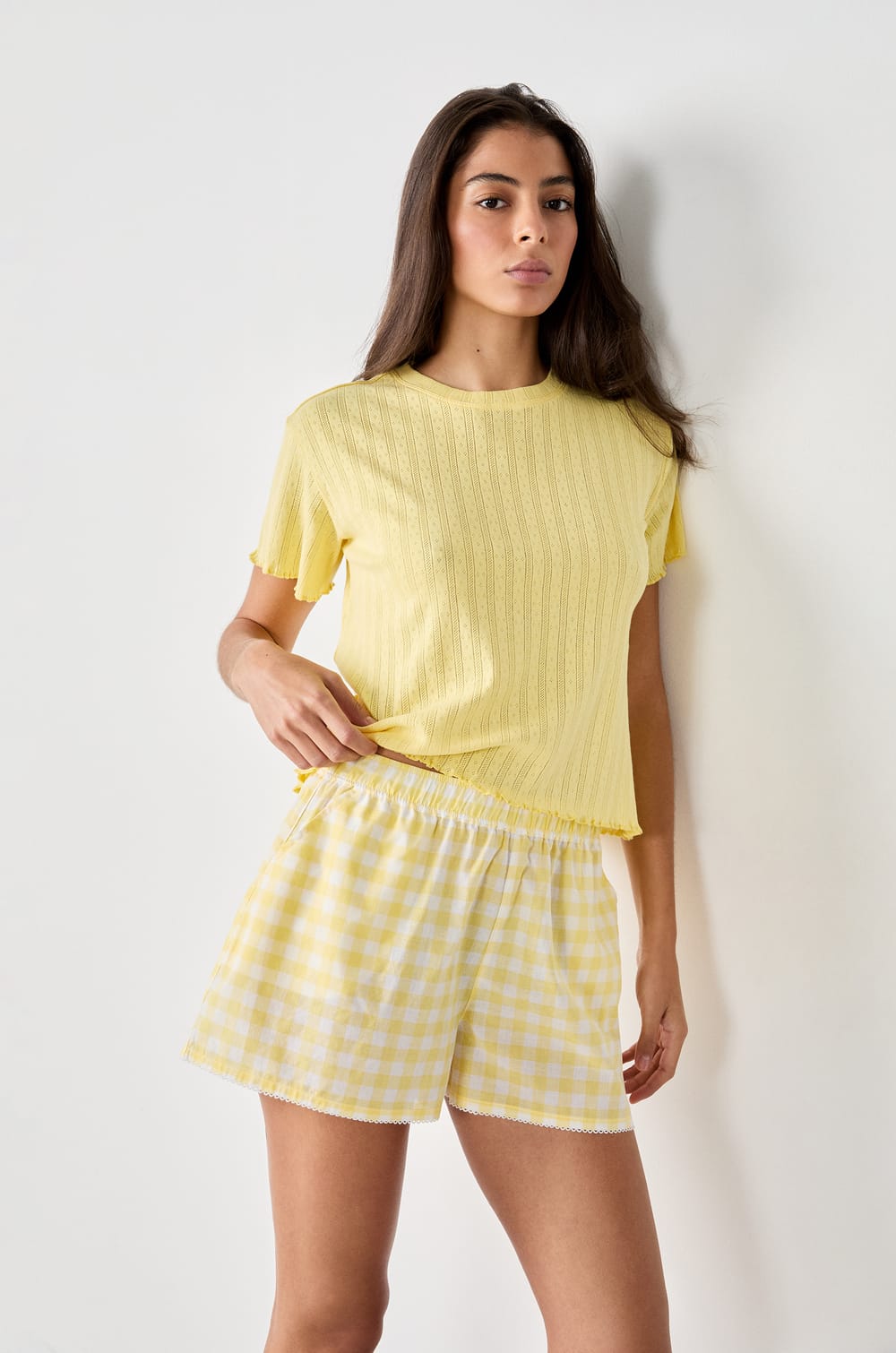 Cotton pyjama shorts with checks;${refinementColor}