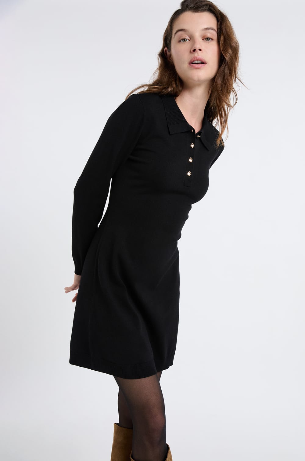 Long-sleeved dress with gold buttons;${refinementColor}