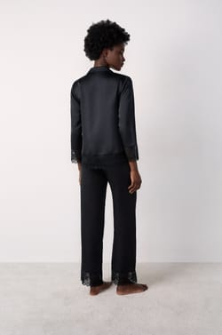 Satin pyjama shirt with lace details;${refinementColor}