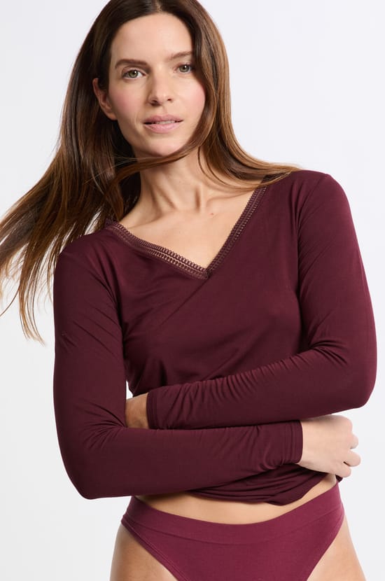 T-shirt col V maille thermique;${refinementColor}