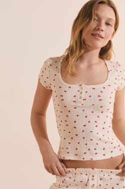 T-shirt de pyjama manches courtes en coton pointelle;${refinementColor}