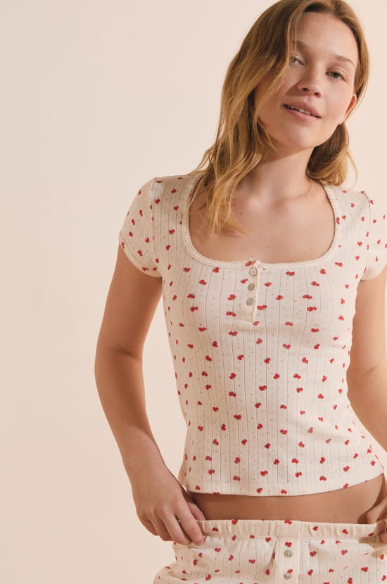 T-shirt de pyjama manches courtes en coton pointelle;${refinementColor}