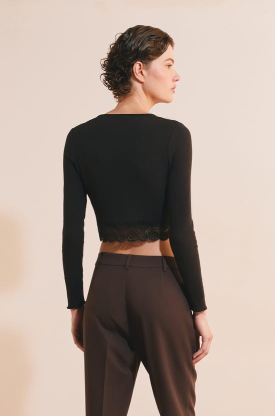 T-shirt court manches longues avec dentelle en coton;${refinementColor}