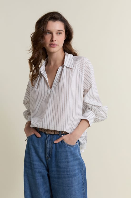 Blouse &agrave; rayures en coton;${refinementColor}