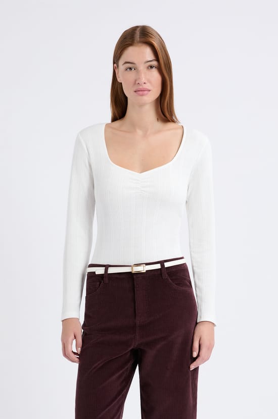 T-shirt manches longues en coton pointelle;${refinementColor}