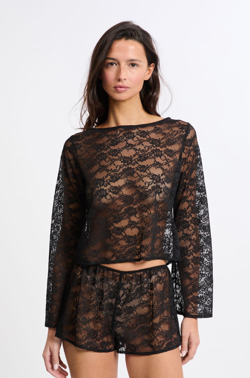 Top manches longues en dentelle transparent;${refinementColor}