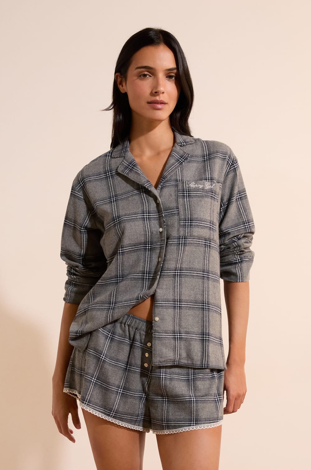 Short de pyjama &agrave; carreaux en coton;${refinementColor}