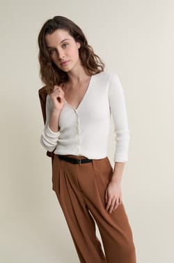 Pull cardigan manches longues en maille c&ocirc;tel&eacute;e;${refinementColor}