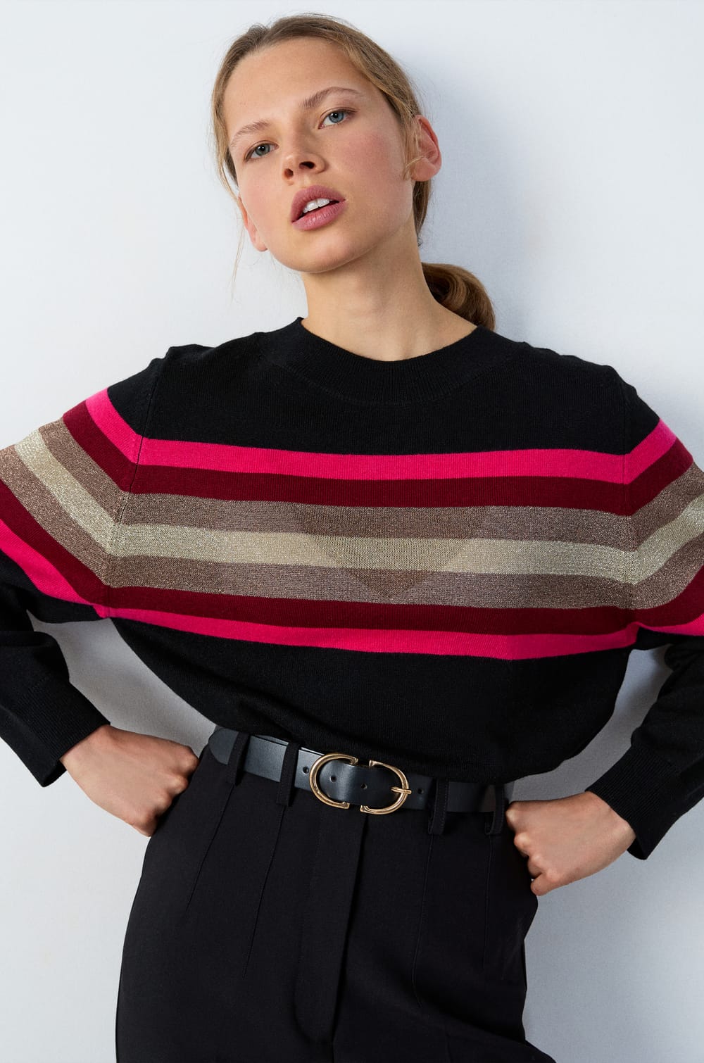 Round Neck Striped and Iridescent Sweater;${refinementColor}