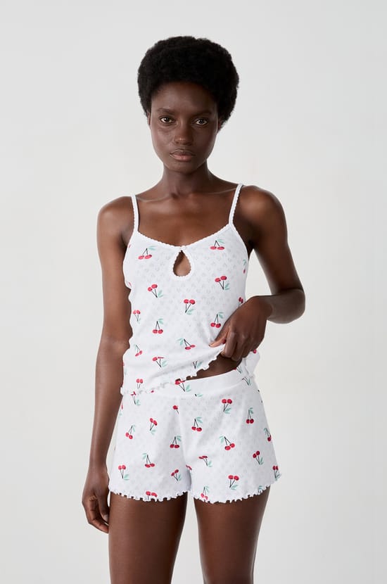 Cherry print pointelle cotton shorts;${refinementColor}