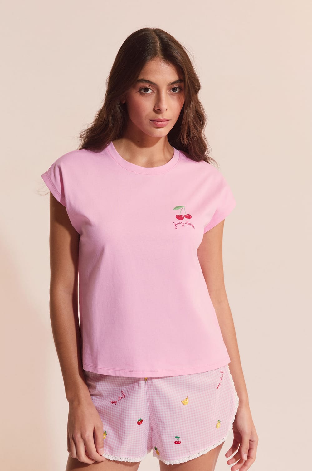 T-shirt de pyjama en coton &agrave; motif cerise;${refinementColor}