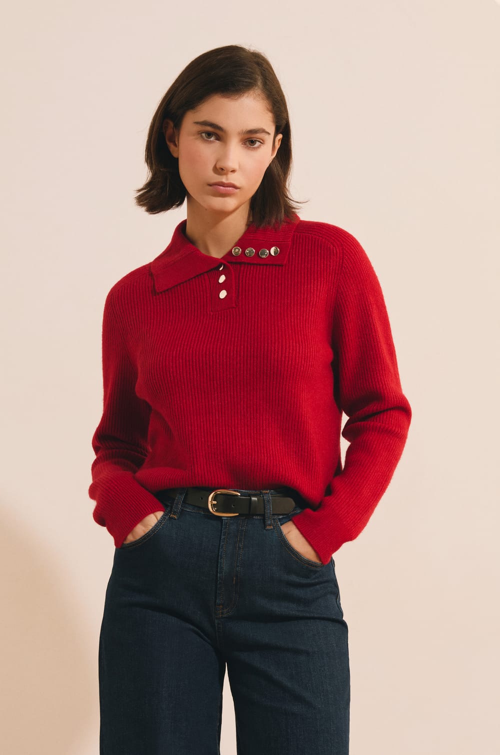 Pull col polo &agrave; d&eacute;tails boutons dor&eacute;s;${refinementColor}