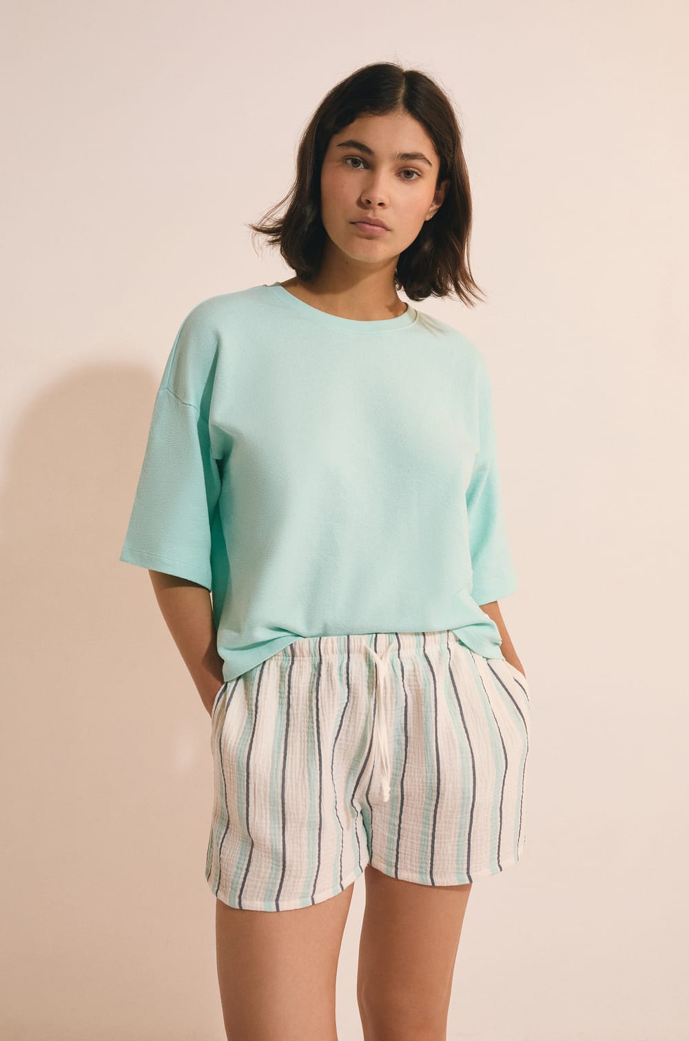 Short de pyjama &agrave; rayures en coton;${refinementColor}