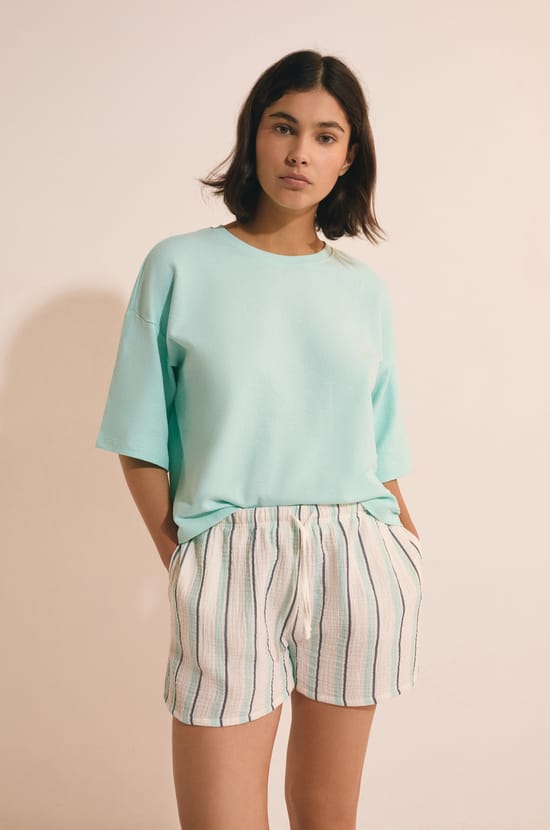 Short de pyjama &agrave; rayures en coton;${refinementColor}