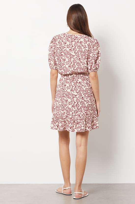 Floral Wrap Mini Dress with Tie Waist;${refinementColor}