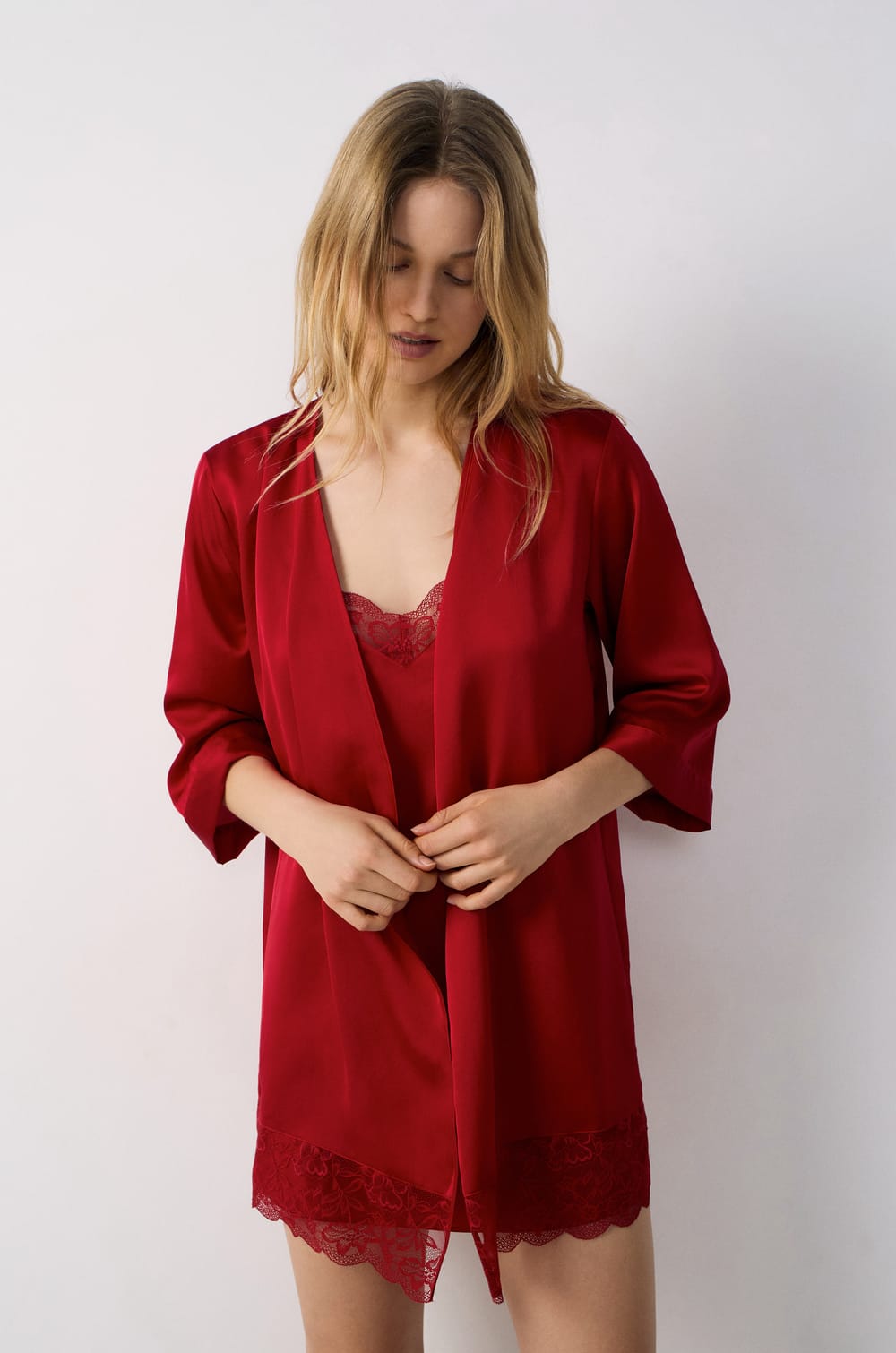 Satin Robe with Lace Details;${refinementColor}