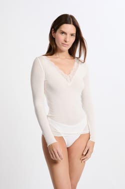 T-shirt thermique col V avec cachemire;${refinementColor}