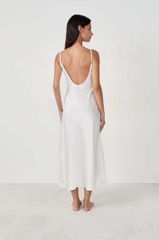 Long satin nightdress with lace detail;${refinementColor}