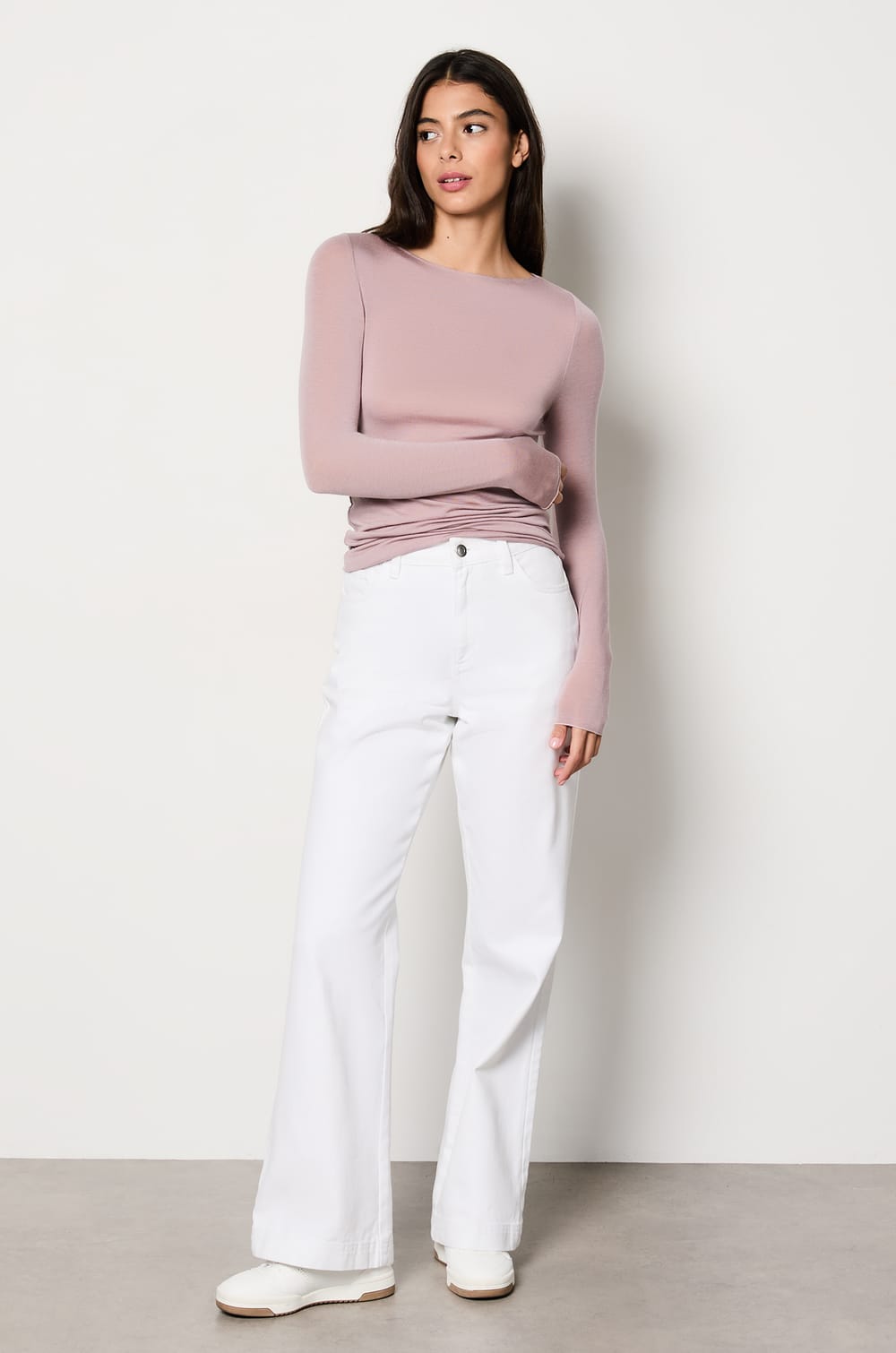 T-shirt manches longues col bateau avec cachemire en maille thermique;${refinementColor}