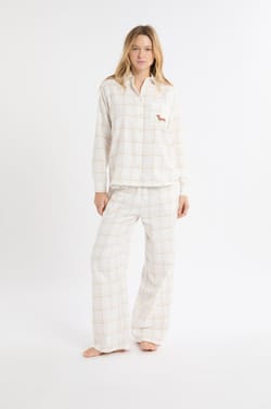 Checkered Pyjama Shirt with Dachshund Embroidery in Cotton;${refinementColor}