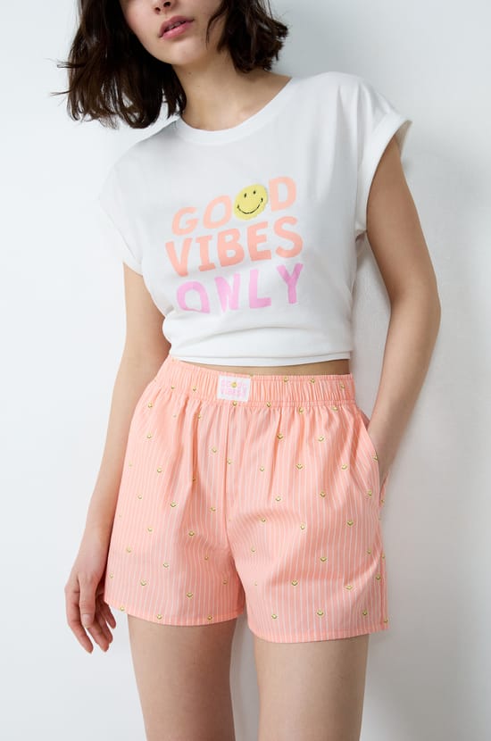 Pantalón corto de pijama a rayas de algodón Smiley®ORIGINALS;${refinementColor}
