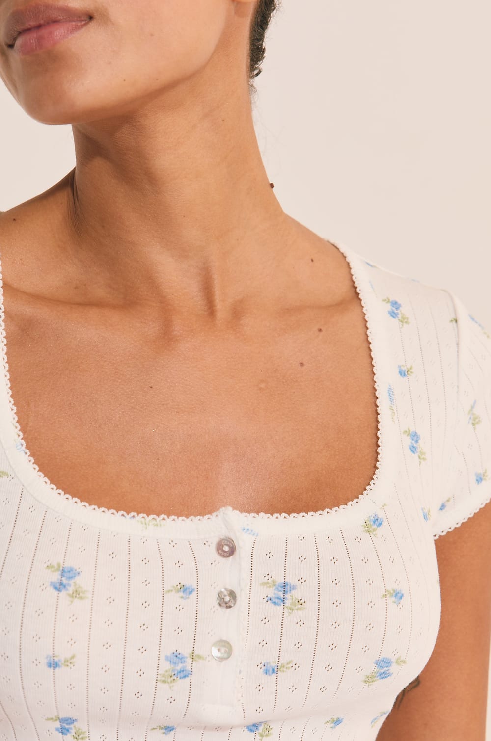 Tshirt de pyjama &agrave; motifs en coton en pointelle;${refinementColor}