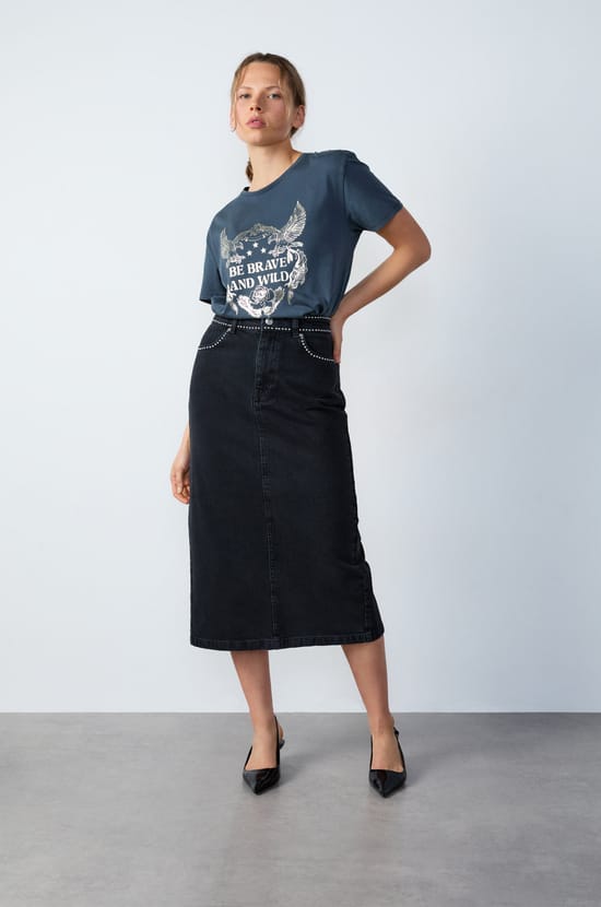 Studded long denim skirt;${refinementColor}