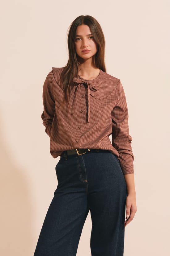Chemise col claudine &agrave; carreaux;${refinementColor}