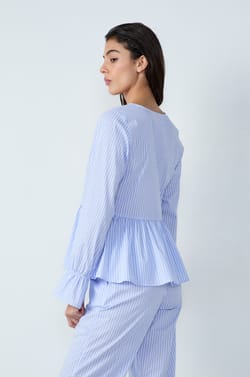 Long-sleeved cotton striped pyjama shirt with bows;${refinementColor}
