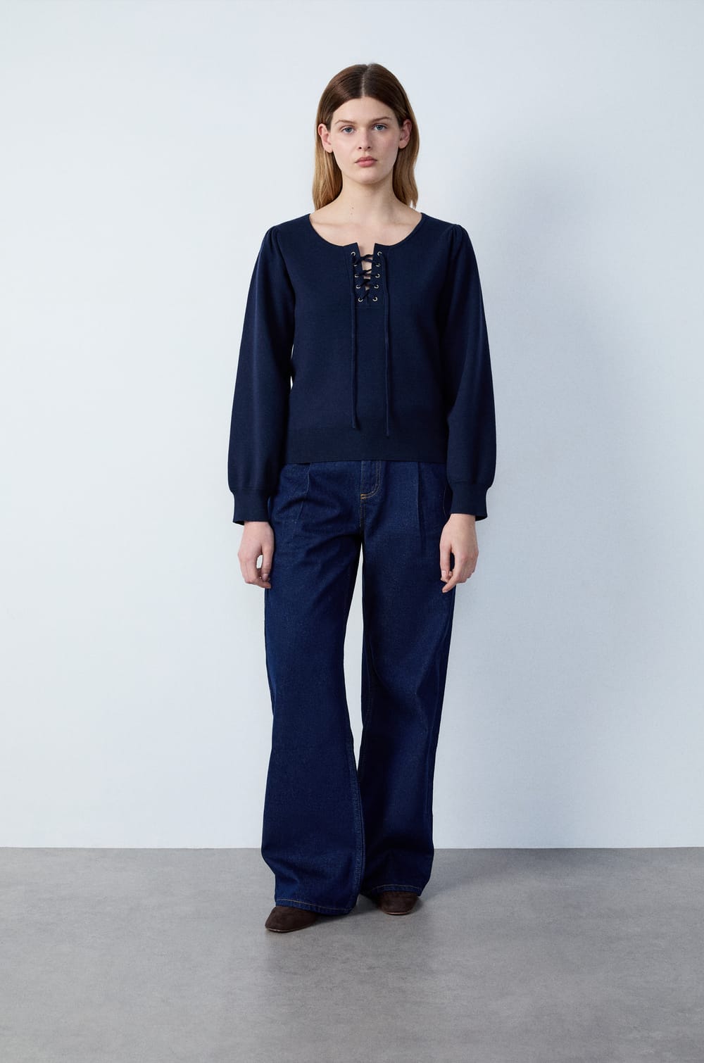 Sweater with Lace-up Collar;${refinementColor}