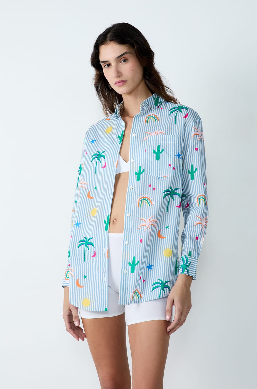 Printed striped cotton nightshirt;${refinementColor}