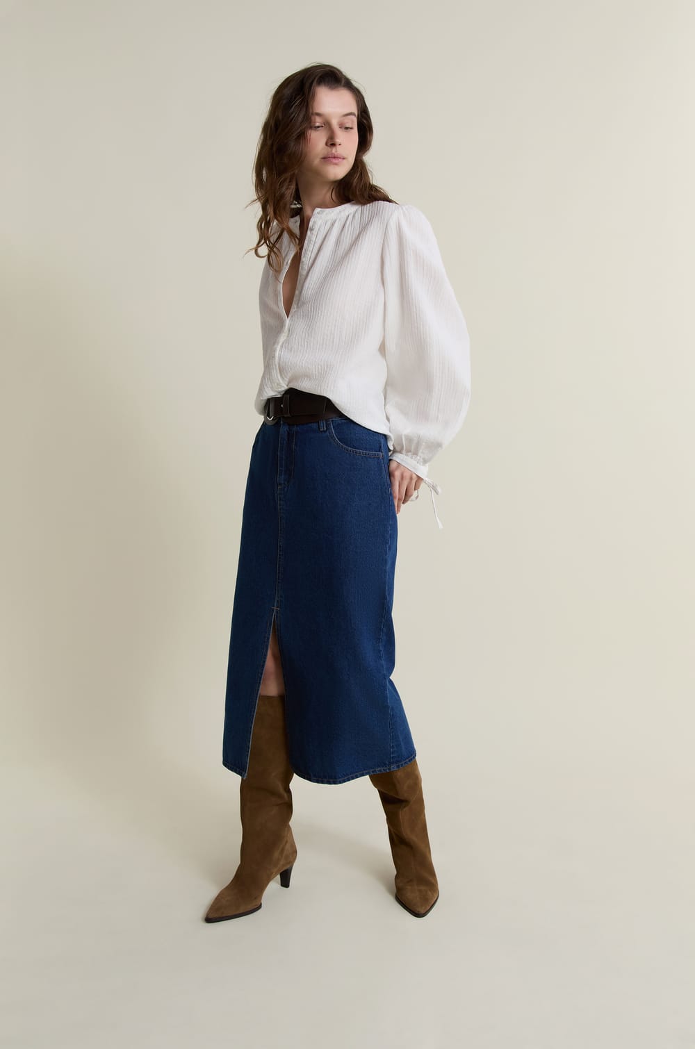 Jupe longue en jean;${refinementColor}