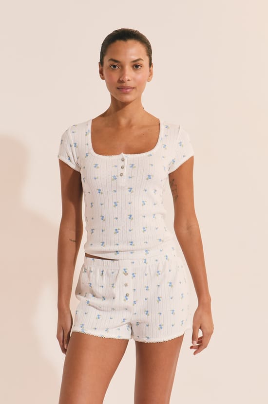 Tshirt de pyjama &agrave; motifs en coton en pointelle;${refinementColor}