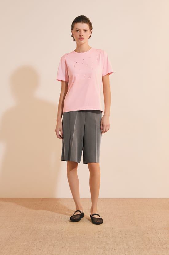 T-shirt &agrave; manches courtes en coton avec strass;${refinementColor}