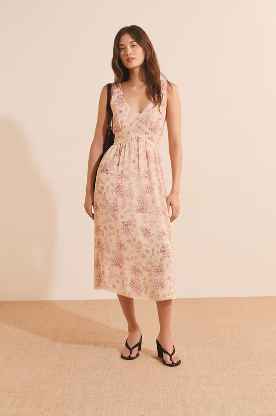Vestido largo con cuello en V y estampado;${refinementColor}
