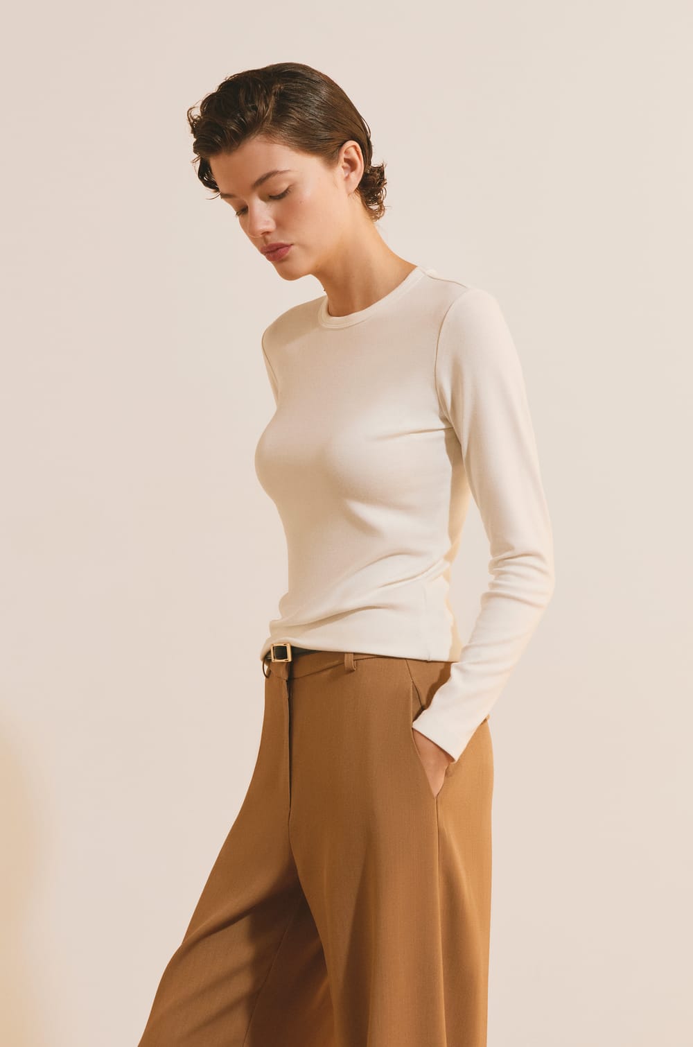 Long-sleeved T-shirt with cotton modal;${refinementColor}