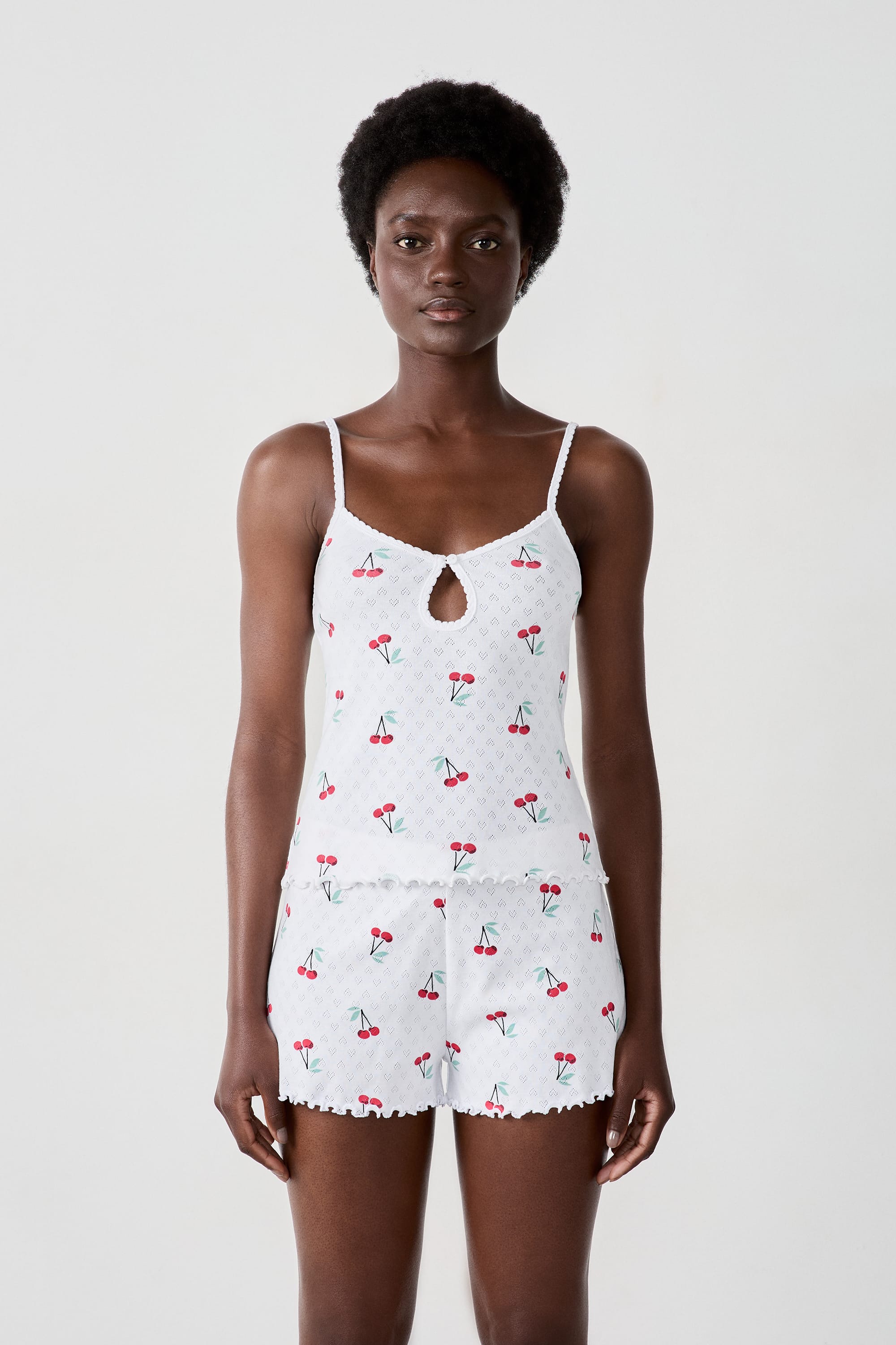 Cotton tank top with cherry print pointelle - CHERRY - BLANC - ETAM