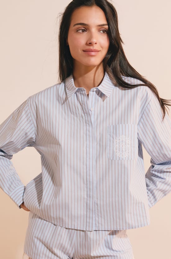 Chemise de pyjama &agrave; rayures en coton;${refinementColor}