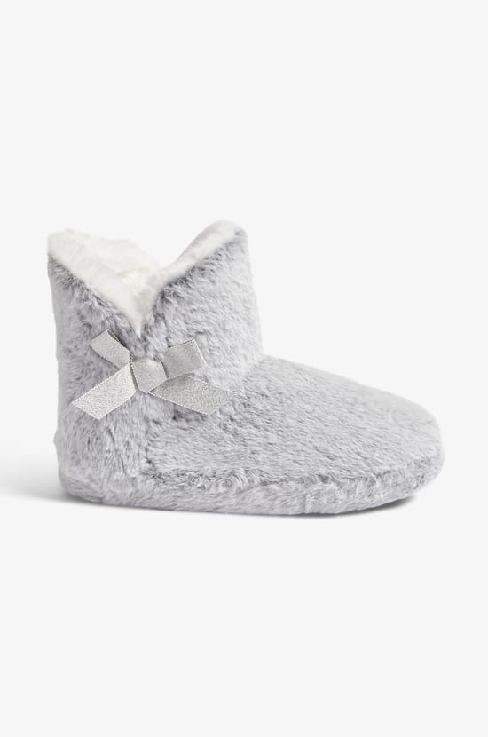 Lined Ankle Boot Slippers with Bow Details;${refinementColor}