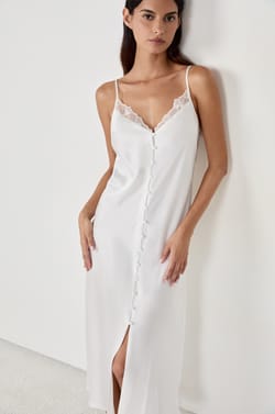 Long satin nightdress with lace detail;${refinementColor}