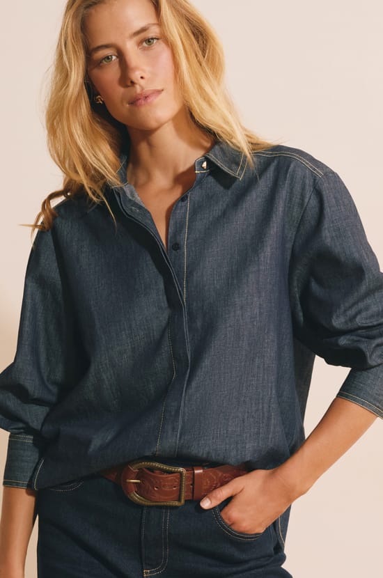 Chemise &agrave; manches longues en jean;${refinementColor}
