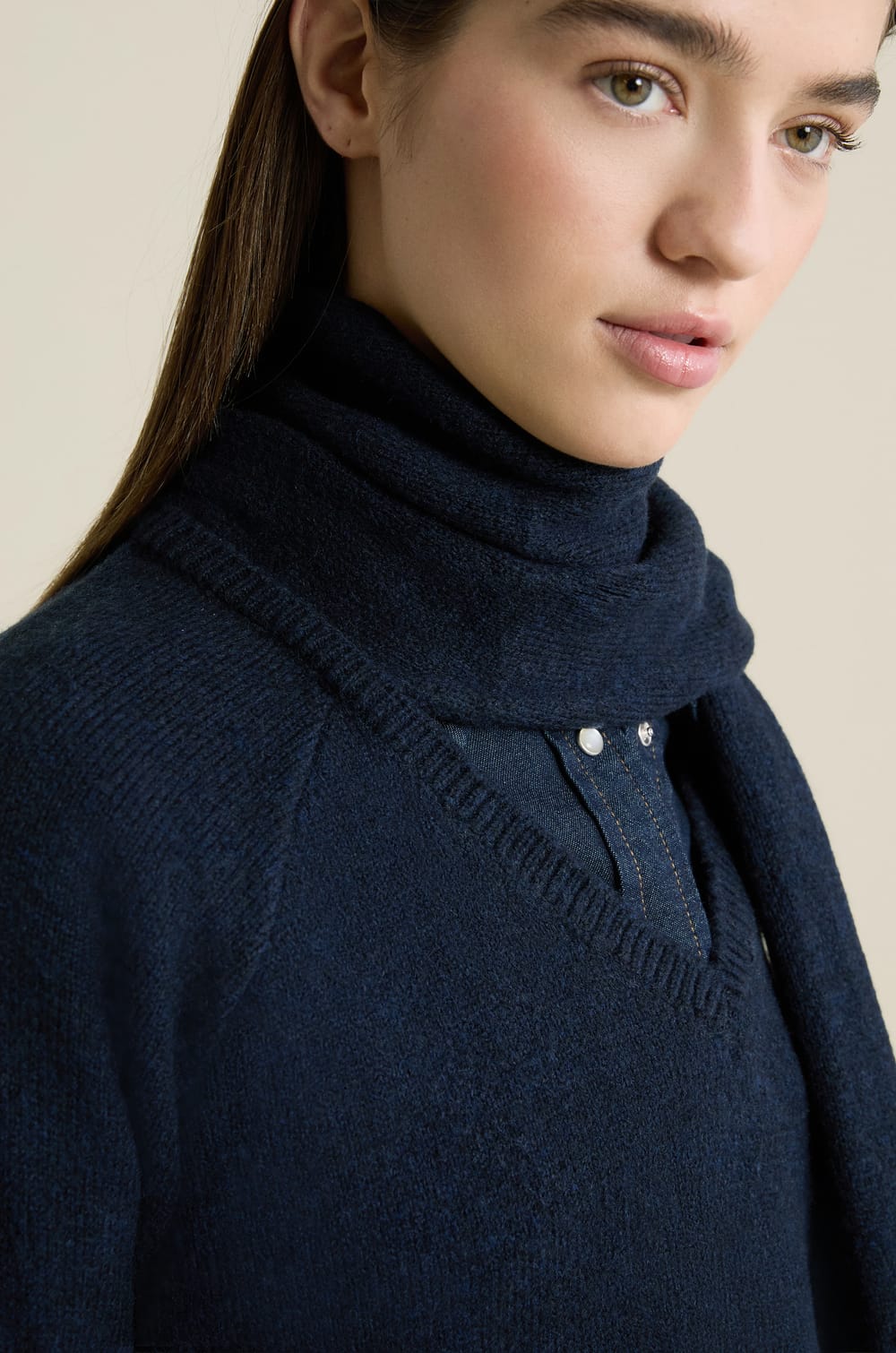 V-neck Sweater with Integrated Scarf;${refinementColor}