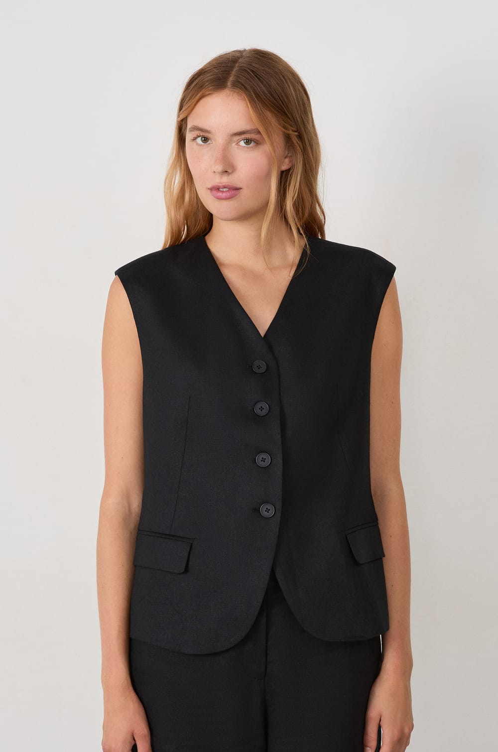 Sleeveless Button-Up Cardigan;${refinementColor}