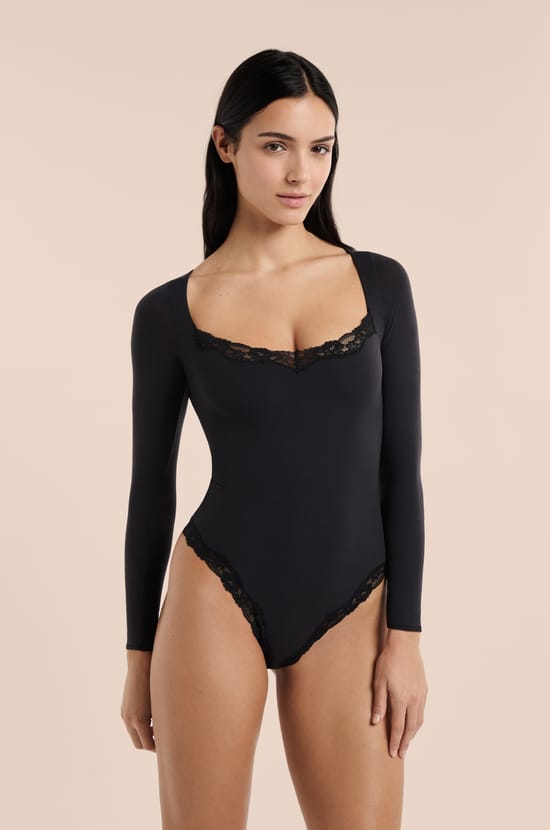 Body manches longues en microfibre et dentelle;${refinementColor}